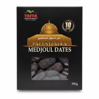 Box front of Yaffa Palestinian Medjoul Dates showing product window