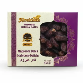 Box of Alnakhhlah Premium Mabroom Dates with purple and cream packaging showing dates through window