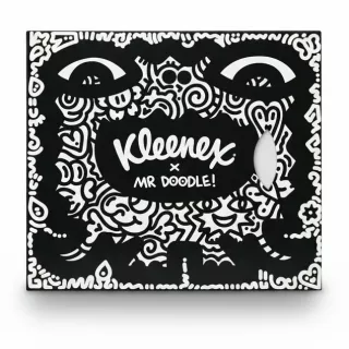 Kleenex tissue box with black and white Mr Doodle artwork front design