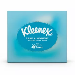 Kleenex Take A Moment 48-pack box with blue design and branding