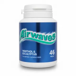 Bottle of Airwaves Menthol & Eucalyptus sugarfree chewing gum held in hand