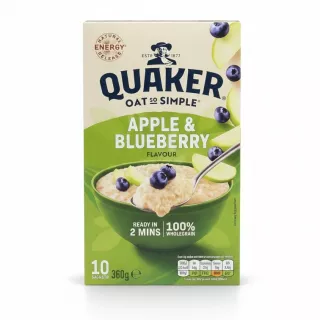 Box of Quaker Apple & Blueberry flavoured instant oats with bowl of porridge