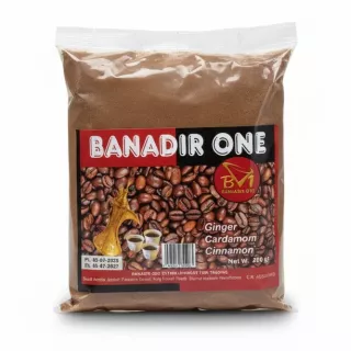 Packaged Banaadir One coffee blend with ginger, cardamom, and cinnamon label