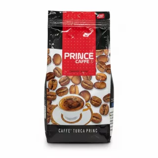 Package of Prince Caffe Turkish Ground Coffee with coffee beans and cup illustration