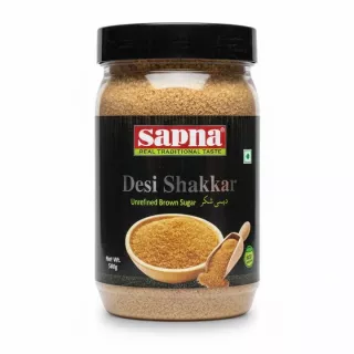 Sapna Desi Shakkar unrefined brown sugar jar front view