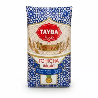 Front view of Tayba brand fine Tchicha barley semolina package showing blue and gold design