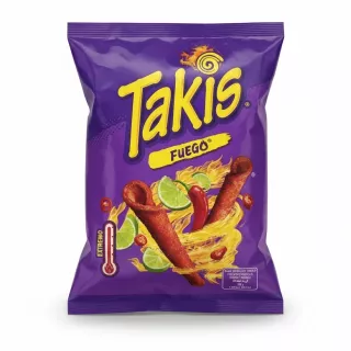 Front view of Takis Fuego spicy lime rolled corn tortilla snacks in purple packaging