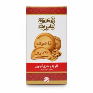 Box of Naderi walnut filled cookies showing front with product and walnuts