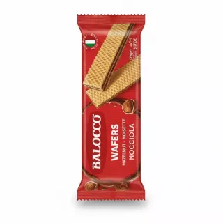 Balocco hazelnut wafer packaging showing wafer sticks on red background