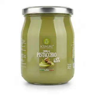 600g jar of Scyavuru 45% Pistachio Spread, green creamy nut spread in clear glass jar with silver lid