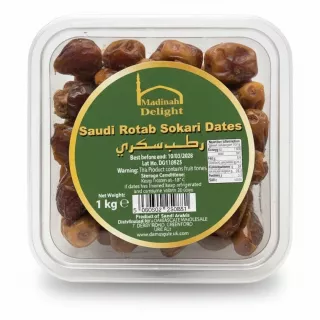 Plastic container filled with Madinah Delight Saudi Rotab Sokari Dates