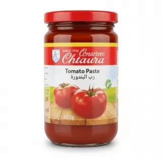 Chtaura brand tomato paste jar with red lid and fresh tomato images on label front