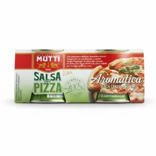 Mutti Salsa per Pizza Aromatica pack showing Italian pizza sauce cans