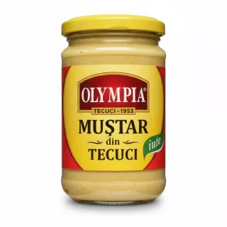Olympia brand glass jar of hot Tecuci mustard with yellow lid
