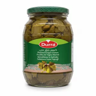 Jar of Durra branded pickled grape leaves with green polka dot lid
