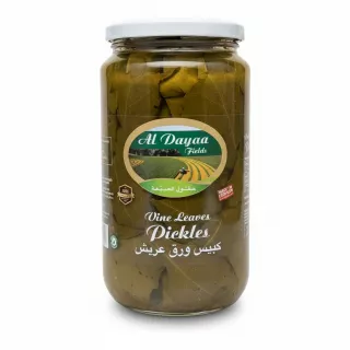 Jar of Al Dayaa Fields Vine Leaves Pickles with white lid and green label