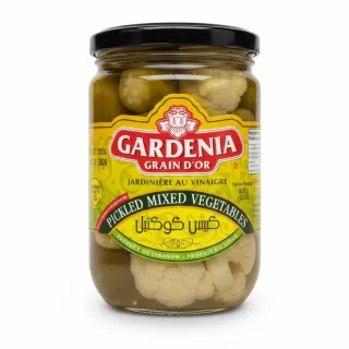 Jar of Gardenia pickled mixed vegetables with black lid showing front label