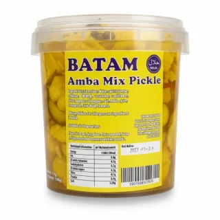Batam Amba Mix Pickle plastic tub showing label with ingredients and nutritional facts