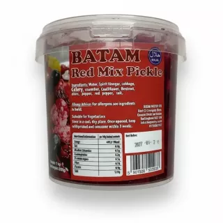 Close-up of Batam Red Mix Pickle label showing ingredients and nutritional information