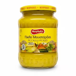 Glass jar of Morphakis Piccalilli Pickles with yellow label