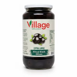 Village brand jar of extra large pitted black olives front label