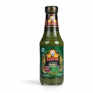 Bottle of Baron Green Seasoning with green herb mixture