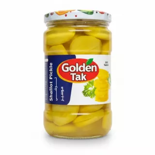 Jar of Golden Tak Shallot Pickle showing sliced yellow pickled shallots