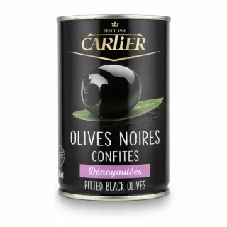 Tin of Cartier brand pitted black olives