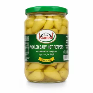 Jar of Istanbul pickled baby hot peppers with green lid