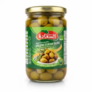 Jar of Alsaadah Salqini Syrian green olives with golden lid and green label
