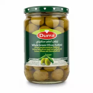 Jar of Durra Whole Green Olives Salkini with green lid