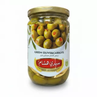 Jar of Sedi Hisham green olives stuffed with carrot pieces