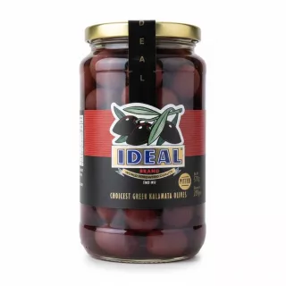Glass jar of Ideal Brand Greek Kalamata Olives, pitted, in brine