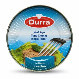 Top view of Durra Tuna Chunks in water can with label