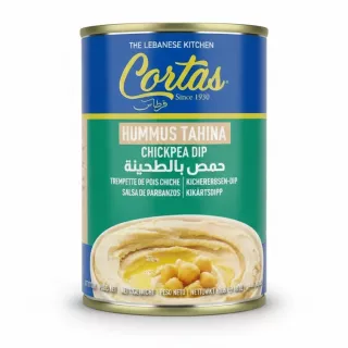 Cortas brand hummus tahina chickpea dip can front view