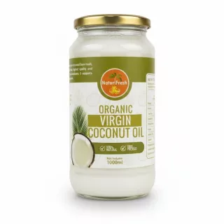 Glass jar of NaturiFresh Organic Virgin Coconut Oil with green and white label