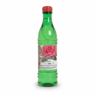 Green plastic bottle with red cap holding Amalia Rose Flavoured Water featuring a rose image on label