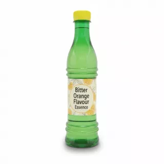 Green plastic bottle with yellow cap containing bitter orange flavour essence