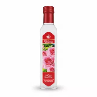 Bottle of Chtaura Rose Water with pink rose label