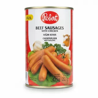 Robert Halal beef sausages with chicken in a can showing front label