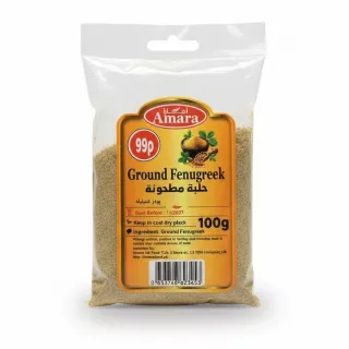 Packet of Amara Ground Fenugreek spice on a white background