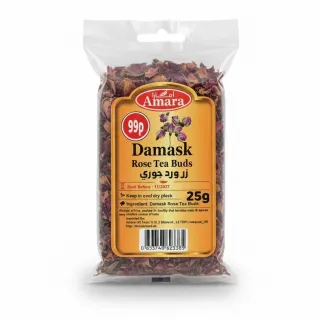 Front view of Amara Damask Rose Tea Buds packaging with label