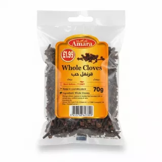 Packet of Amara Whole Cloves spice showing label and cloves inside