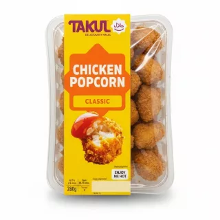 Packaged Takul Chicken Popcorn Classic in clear plastic and yellow label