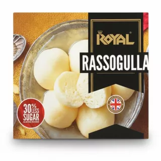 Box of Royal Rassogulla sweet spongy milk dumplings in syrup