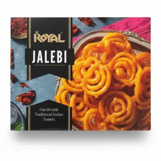 Box of Royal Jalebi Indian sweets with golden spiral-shaped pieces