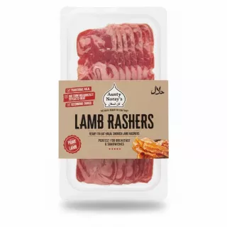 Pack of Aunty Noray's Halal Smoked Lamb Rashers, slices visible