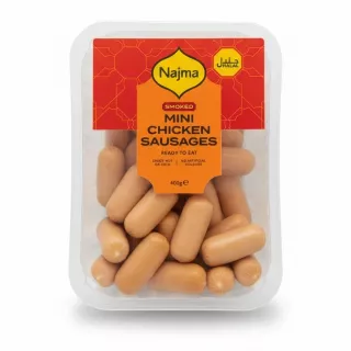 Najma Smoked Mini Chicken Sausages packaged in clear tray
