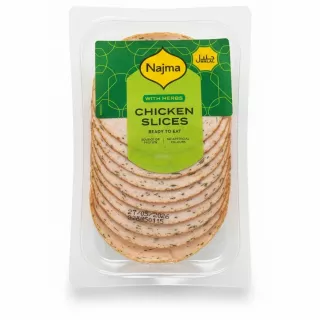 Pack of Najma Halal Chicken Slices with Herbs in vacuum-sealed plastic packaging