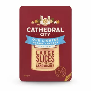 Cathedral City lighter mature cheddar cheese large slices pack front